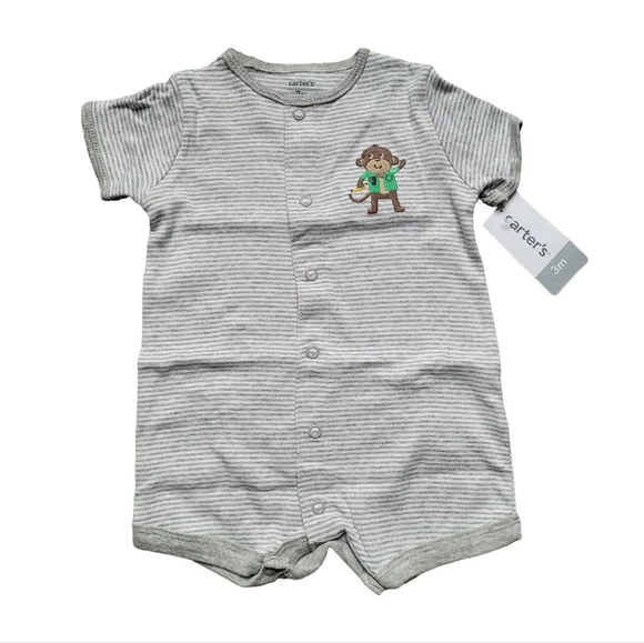 Carters Infant Boys Gray Striped Monkey Shortie Romper Baby Bodysuit Outfit - Picture 8 of 9